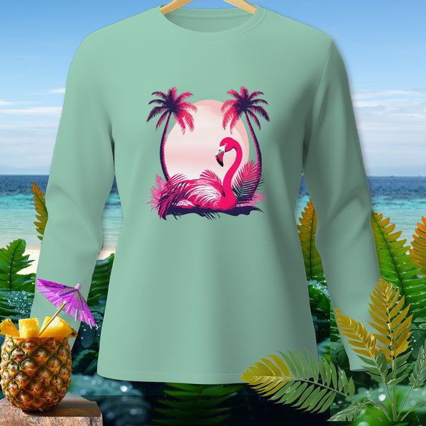 Mint long-sleeve shirt with pink flamingo and palm trees graphic.