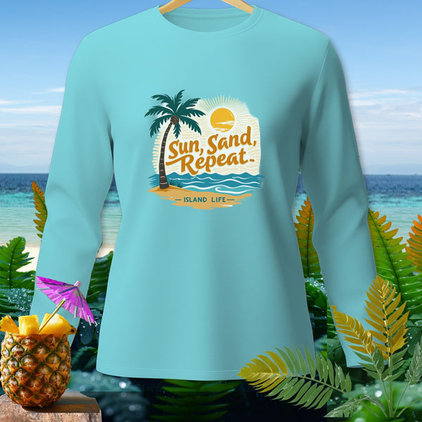 Light blue long-sleeve shirt with "Sun, Sand, Repeat - ISLAND LIFE" graphic.