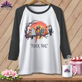 T-shirt with birds dressed in Halloween costumes and the text 