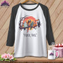 T-shirt with birds dressed in Halloween costumes and the text "FLOCK THIS."
