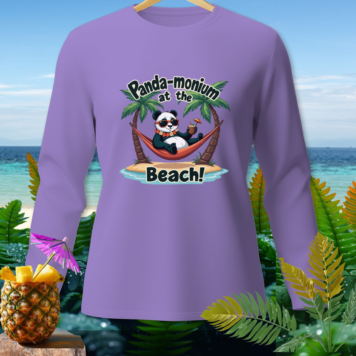 Panda wearing sunglasses relaxing in a hammock on a beach with text "Panda-monium at the Beach!"