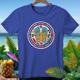 Blue t-shirt with graphic of flip-flops, text 