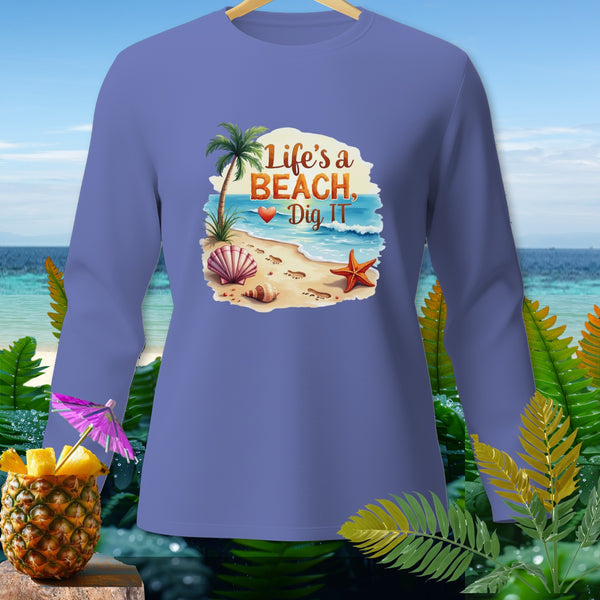 Purple long-sleeve shirt with "Life's a Beach, Dig It" graphic of a beach scene.