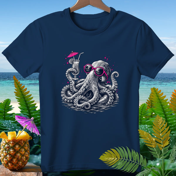 Navy t-shirt with a graphic of an octopus wearing sunglasses, holding a cocktail.