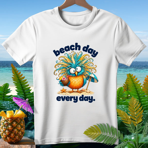 White t-shirt with a cartoon owl holding a coconut drink and "beach day every day." text.