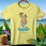Yellow t-shirt with skeleton hand holding a cocktail in waves, text 