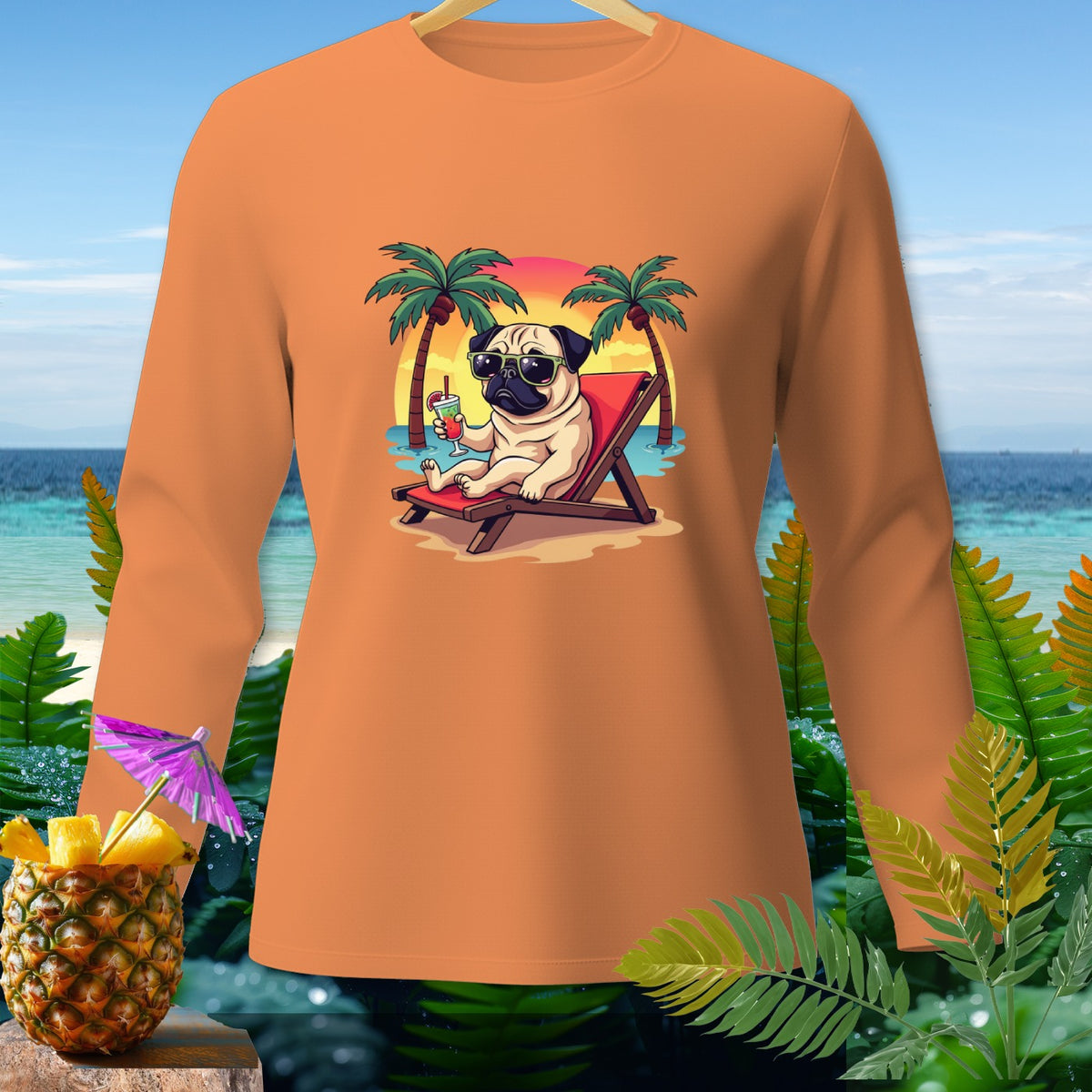 Orange long-sleeve shirt with a pug in sunglasses relaxing on a beach chair.