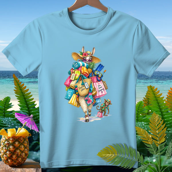 Llama carrying beach bags and towels, with a monkey and pineapple drink.