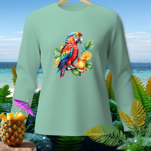 Mint long-sleeve shirt with colorful parrot, tropical drink, and pineapple graphic.