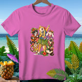 Group of cats performing a luau on a pink t-shirt with a tropical background.