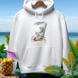 White hoodie with skeleton reading 
