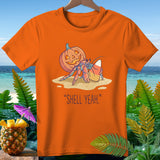 Hermit crab with pumpkin shell and candy corn on beach, text 