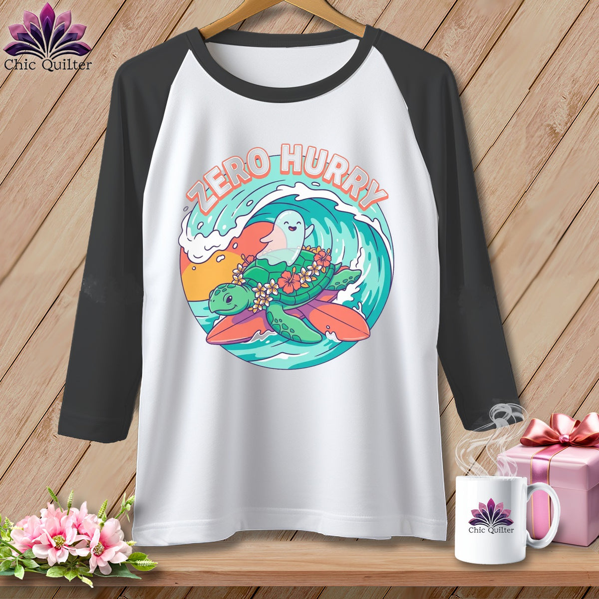 Raglan t-shirt with a graphic of a turtle, ghost, and waves, reading "Zero Hurry".