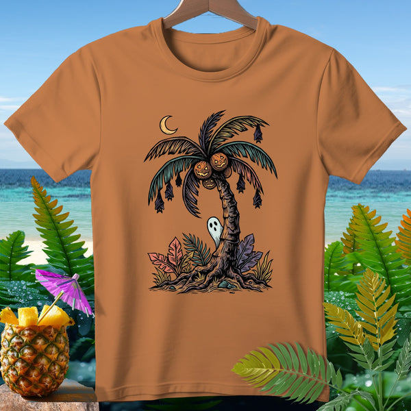 Halloween palm tree with jack-o'-lanterns, bats, and a ghost.