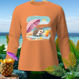 Long sleeve orange shirt with a cartoon hedgehog on a beach under an umbrella.