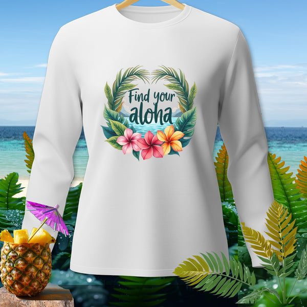 White long-sleeved shirt with "Find your aloha" text and floral design.