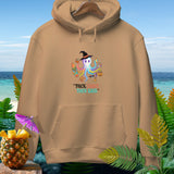 Tan hoodie with a cartoon octopus wearing a witch hat and holding beach items.