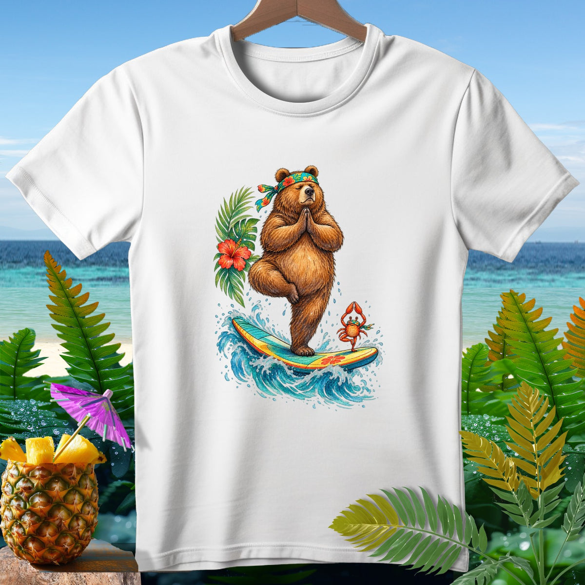 Bear in tree pose on surfboard with crab, tropical beach background.