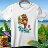 Bear in tree pose on surfboard with crab, tropical beach background.