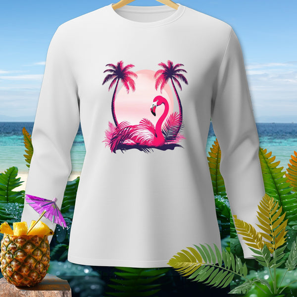White long-sleeve shirt with a pink flamingo and palm trees sunset graphic.