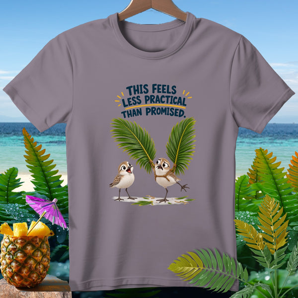 Grey t-shirt with two birds and text: "This feels less practical than promised."