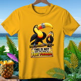Yellow t-shirt with toucans and text 