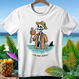 Skeleton in a Hawaiian shirt and straw hat drinking coconut with shark fin, text 
