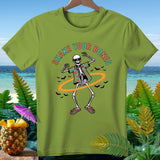 Green t-shirt with a skeleton wearing sunglasses and a Hawaiian shirt, text 