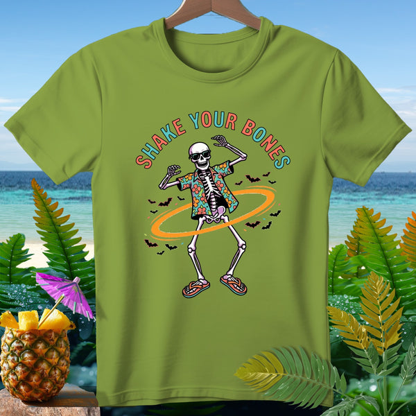 Green t-shirt with a skeleton wearing sunglasses and a Hawaiian shirt, text "SHAKE YOUR BONES".