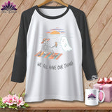 Skeleton and ghost on beach blanket with sunscreen, text 