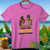Pink t-shirt with two birds, one with sunglasses, one with a surfboard. Text reads 