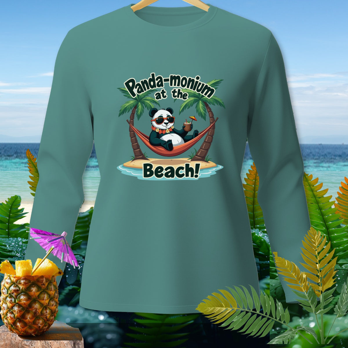 Long-sleeve shirt with graphic of panda in hammock saying "Panda-monium at the Beach!".