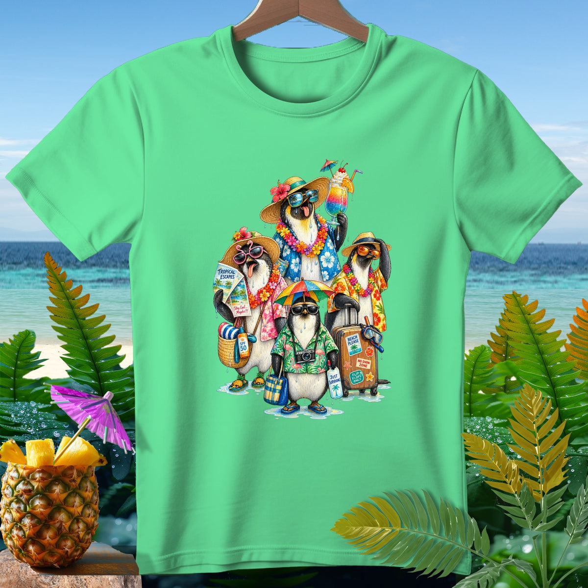 T-shirt with cartoon penguins dressed for vacation, holding drinks and luggage.