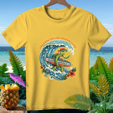 Yellow t-shirt with a turtle surfing on a wave, 