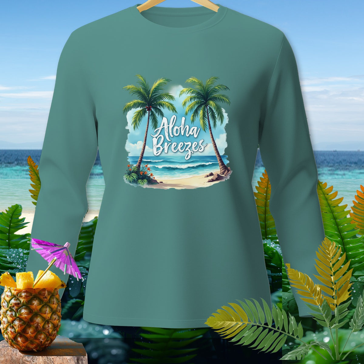 Teal long-sleeve shirt with "Aloha Breezes" graphic of palm trees and beach.