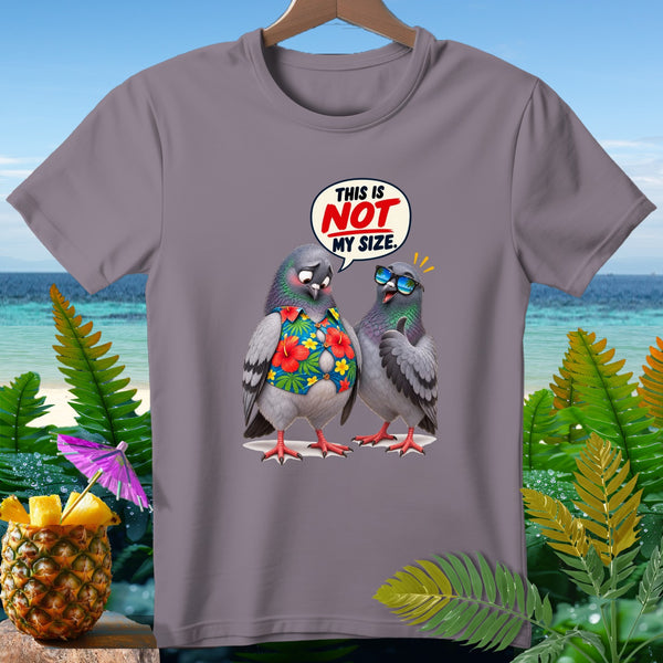 Two cartoon pigeons on a gray t-shirt, one in a Hawaiian shirt, with speech bubble.