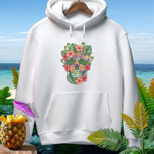 White hoodie with floral skull graphic, pineapple, and tropical foliage.