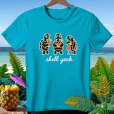 Turquoise t-shirt with three cartoon turtles holding cocktails and the text 