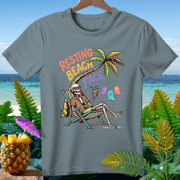 Skeleton relaxing on a beach chair under a palm tree with text "RESTING BEACH FACE".