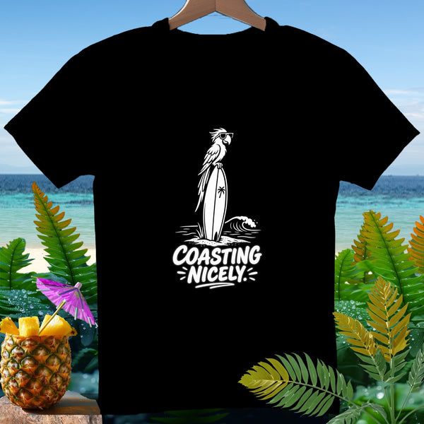 Black t-shirt with white graphic of parrot on surfboard and text "COASTING NICELY."