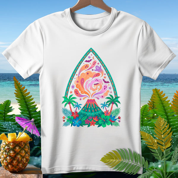 White t-shirt with a colorful design of a volcano, ghosts, and tropical foliage.