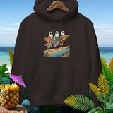 Brown hoodie with graphic of three ghosts in sunglasses on surfboards reading 