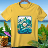 Yellow t-shirt with a tropical landscape graphic reading 