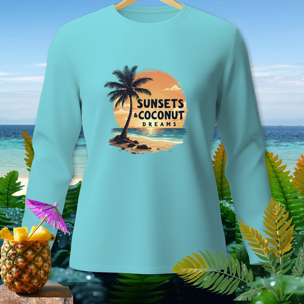 Light blue long sleeve shirt with "Sunsets & Coconut Dreams" tropical sunset graphic.