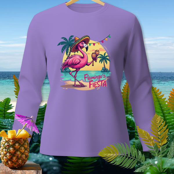 Flamingo in sombrero with maracas, text "Flamingo's FIESTA" on purple shirt.