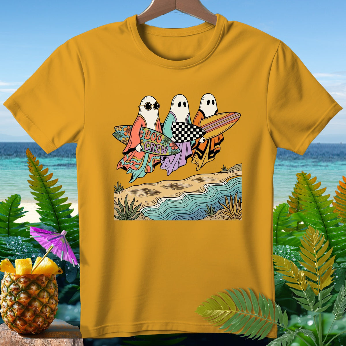 Three ghosts in robes carry surfboards, with "Boo Crew" text.