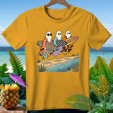 Three ghosts in robes carry surfboards, with 
