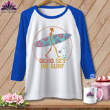 Raglan t-shirt with skeleton holding a surfboard and 