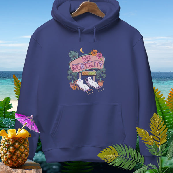 Navy hoodie with graphic of ghosts relaxing under "No Mortality Vacancy" sign.