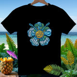 Black t-shirt with colorful circular graphic featuring guitars, waves, and text.